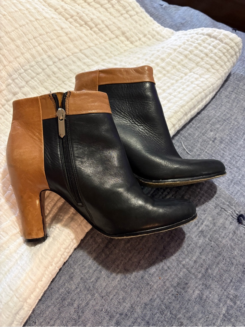 Sam Edelman Two-Tone Black and Brown Leather Ankle Booties